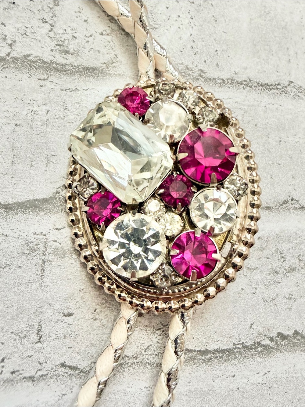 Vintage Pink and Clear Crystal Bolo Tie Necklace